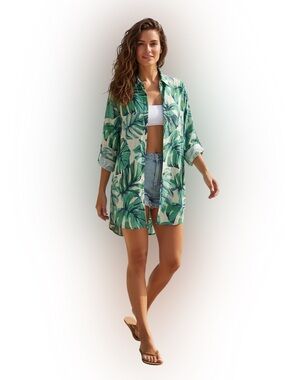 Blue Island Tropical Tunic Cover Up Medium Beach Vacation Button Down Top Resort